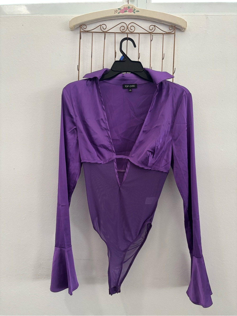Top Chic Purple Sheer and Satin Long-Sleeve Bodysuit